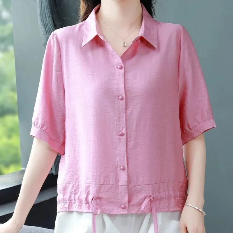 Simplicity Office Lady Summer Women's POLO Collar Solid Single Breasted Shirring Fashion Versatile Loose Short Sleeve Shirts Top