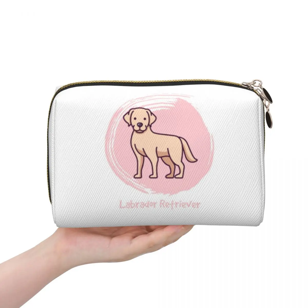 Labrador Retriever Dog Cartoon In Pink Circle Women Cosmetic Bag Travel Makeup Organizer Pouch Toiletry Storage Dopp Kit Box