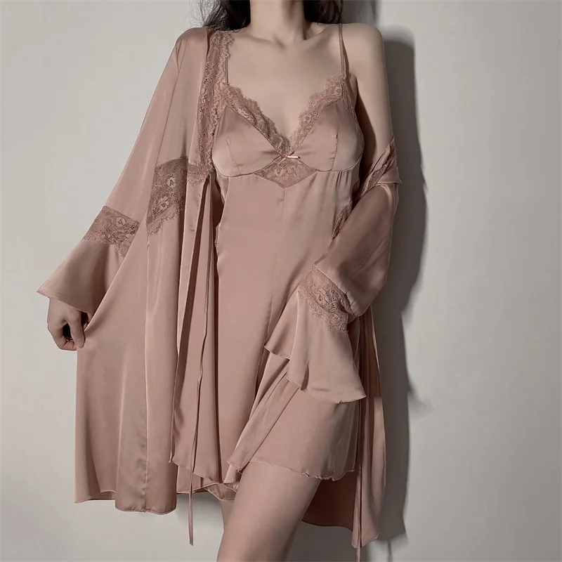 Lace Twinset Robe Set Sexy Perspective Nightdress Spring Summer Women Kimono Bathrobe Nightgown Loose Thin Satin Home Dress