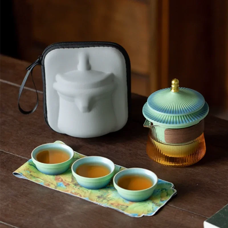 Chinese Ceramic Tea Set Handmade Teacup Glass Teapot Outdoor Travel Portable Teaware with Storage Bag Beauty Tea Infuser