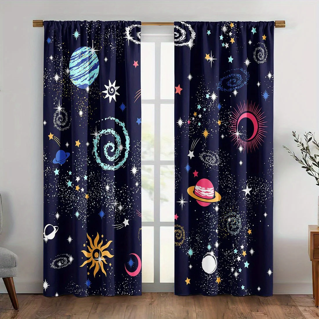 Cosmic Planet Starry Theme Curtain 2 Panels Spiral Nebula Comet Multicolor Base Living Room Curtain Cute Retro Space Home Decor