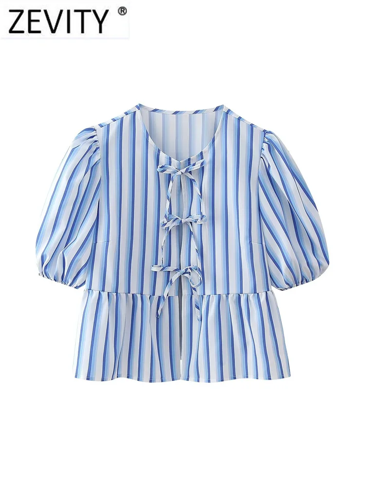 Zevity Women Sweet O Neck Pleat Puff Sleeve Striped Print Blouse Female Chic Bow Tied Lace Casual Ruffle Shirt Blusas Tops LS304