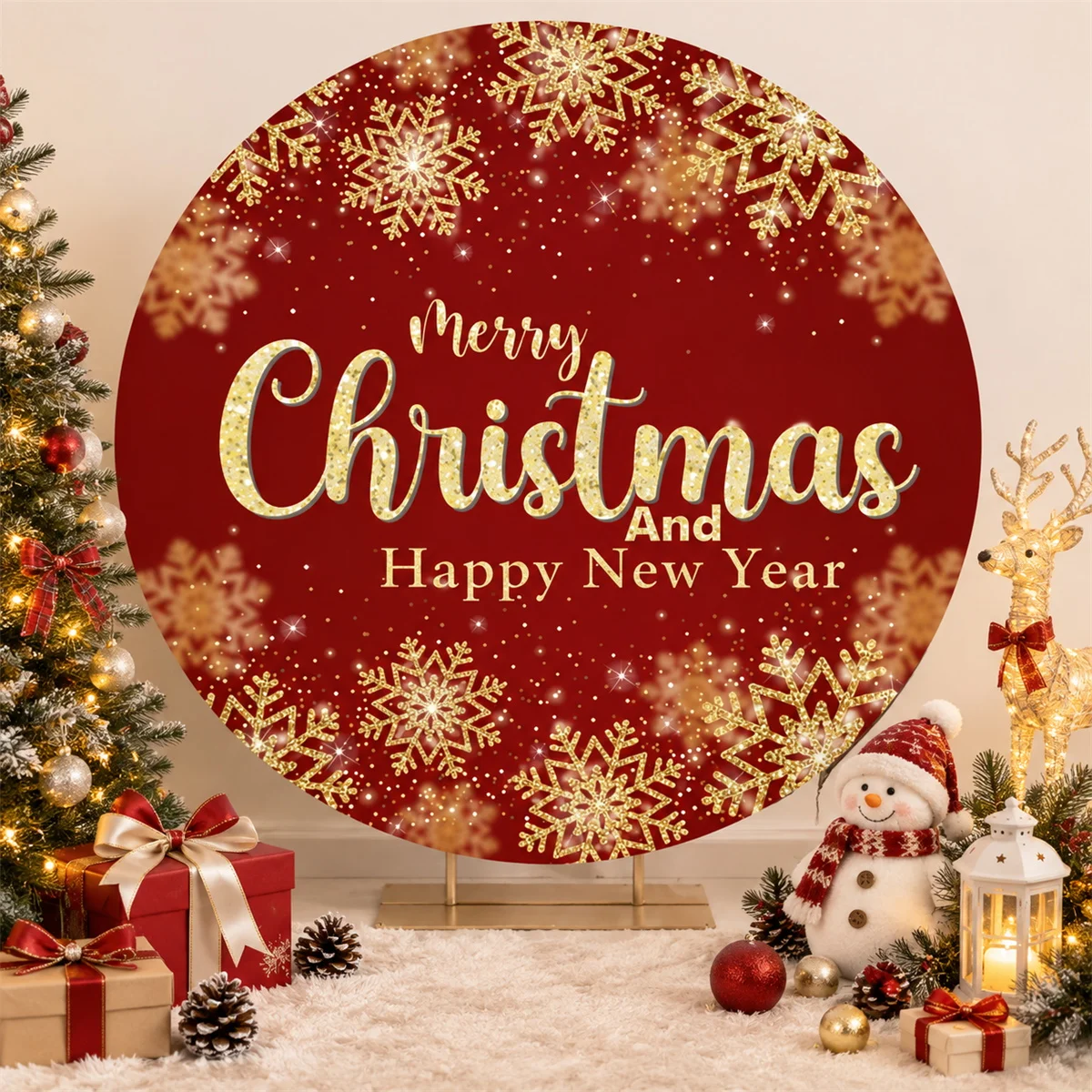 Merry Christmas Round Backdrop Cover Winter Snowflake Santa Claus Glitter Spots Xmas Kids Family Portrait Photography Background
