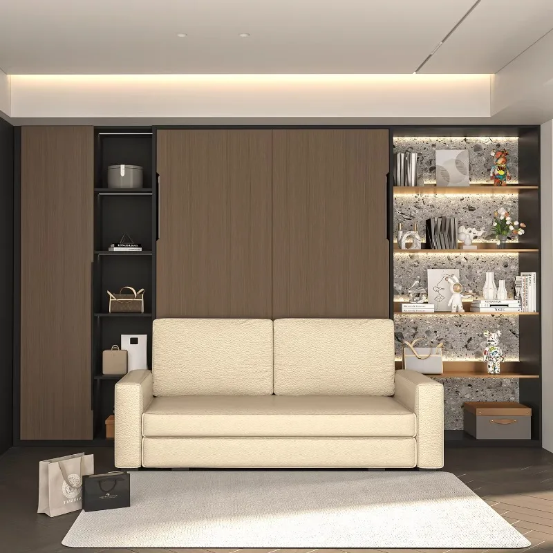Space-saving vertical bed manual folding storage hidden wall bed bookshelf