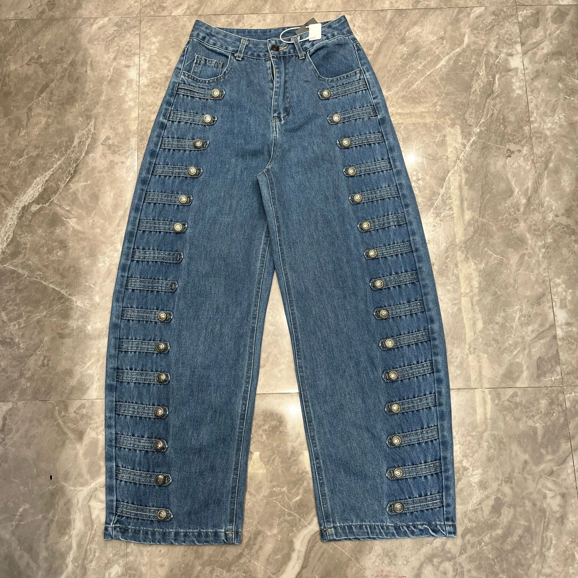 SuperAen European and American Style Double-buttoned Three-dimensional Decorative High Waist Denim Pants Long Wide-leg Pants
