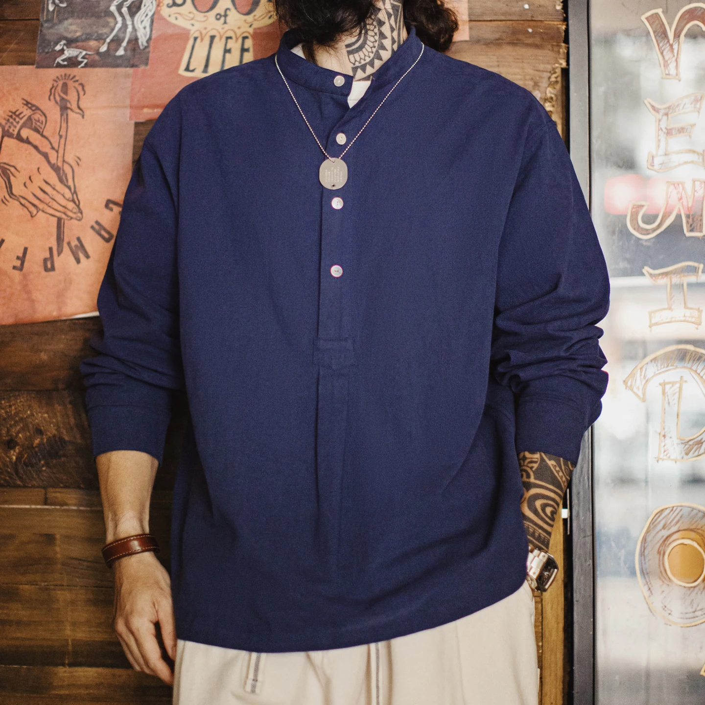 

Maden Men‘s Retro Long Sleeve Shirt Blue Cotton Single-Breasted Dress Shirt Business Casual & Commuting Blouse for Spring Fall