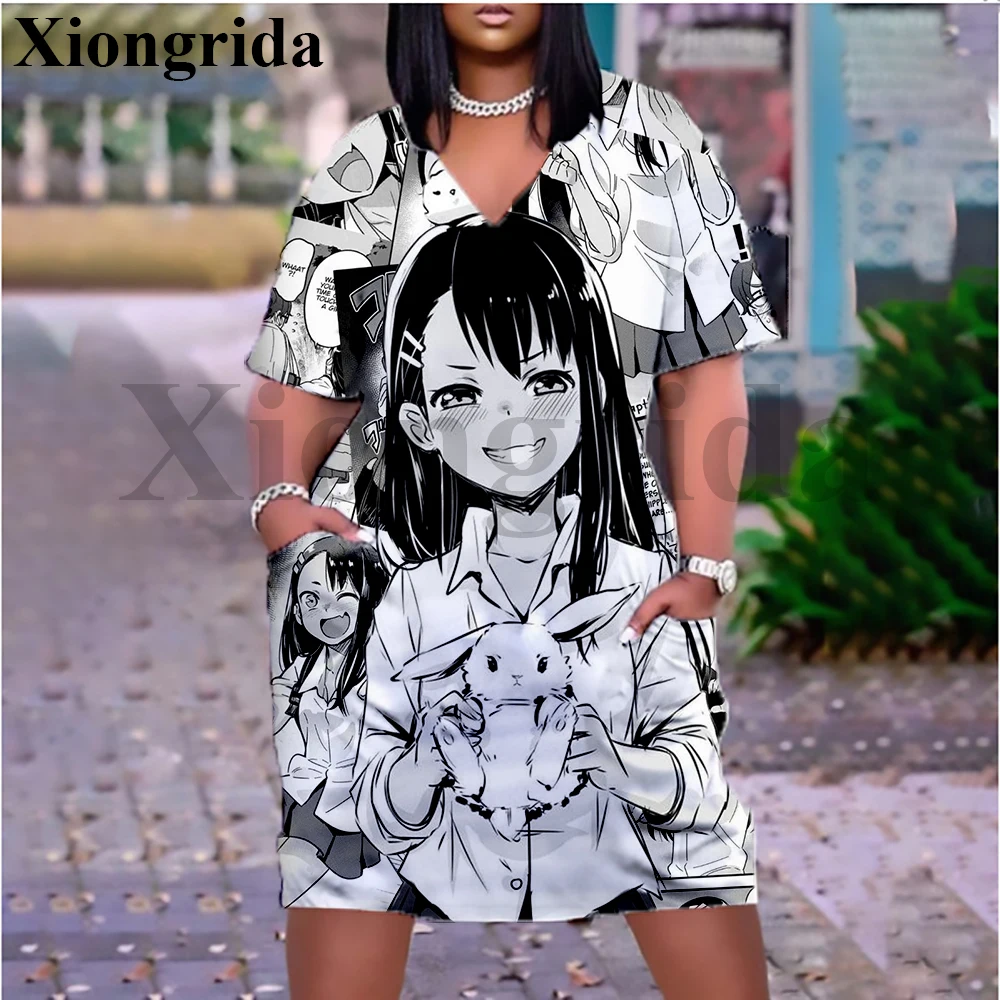 

Hentai Sexy Anime Printed Pocket Dress Women 3D Nagatoro Hayase Casual Loose V Neck T Shirt Dress Summer New Elegant Female Dres