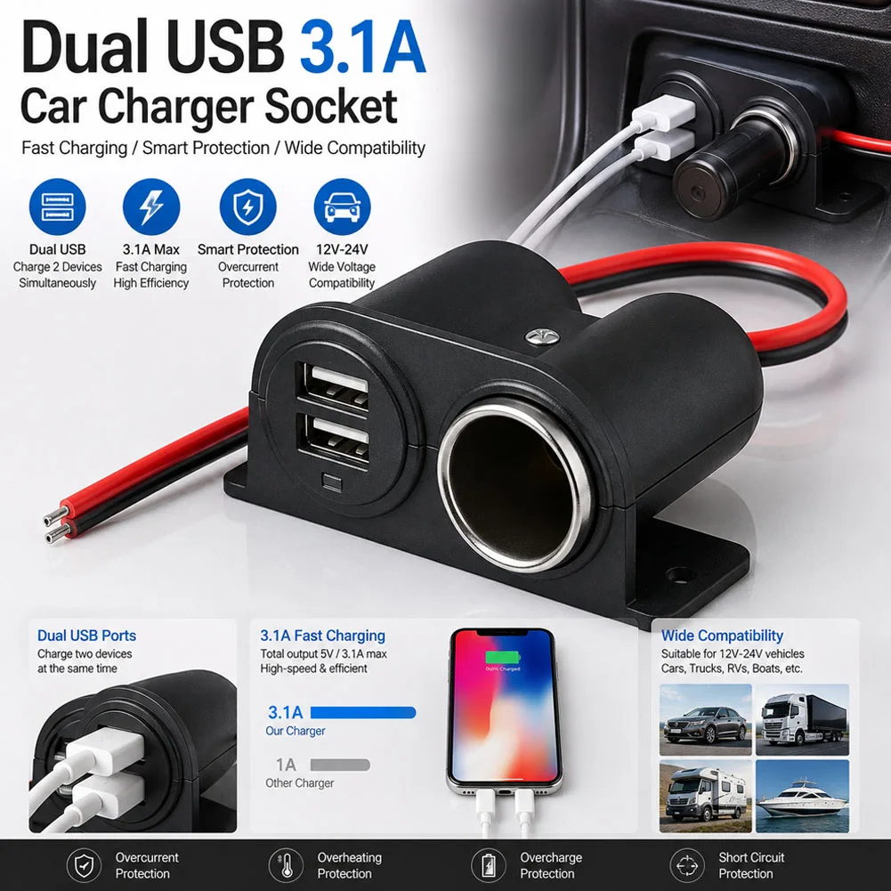 Dual USB Charger Socket Recessed Built-In DC5V 12V 24V Power Port Adapter With Dustproof Cap For Car RV Camper Marine Boat