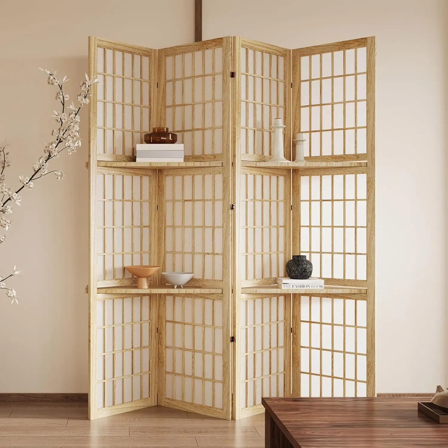 Separador de ambientes y biombo plegable portátil de 5.6 pies, estilo Shoji chino japonés con tres estantes de exhibición - 4 paneles