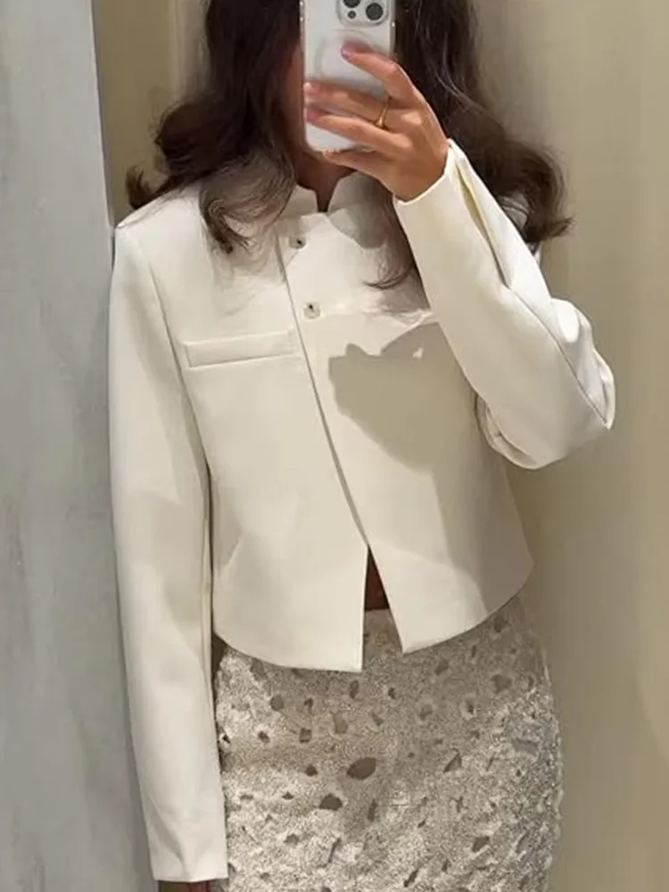 

HH Women Autumn High Street Coats White Half-High Collar Pockets Single-Breasted Female Fashion Long Sleeves Jackets Trendy