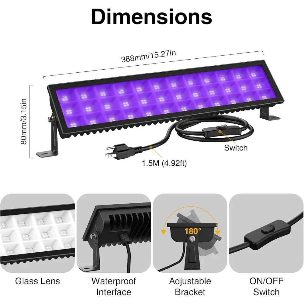 Black Light Bar, LED Blacklight with Plug and Switch, Black Light Flood Light, IP66 Waterproof for Glow Party, 2 Pack 72W