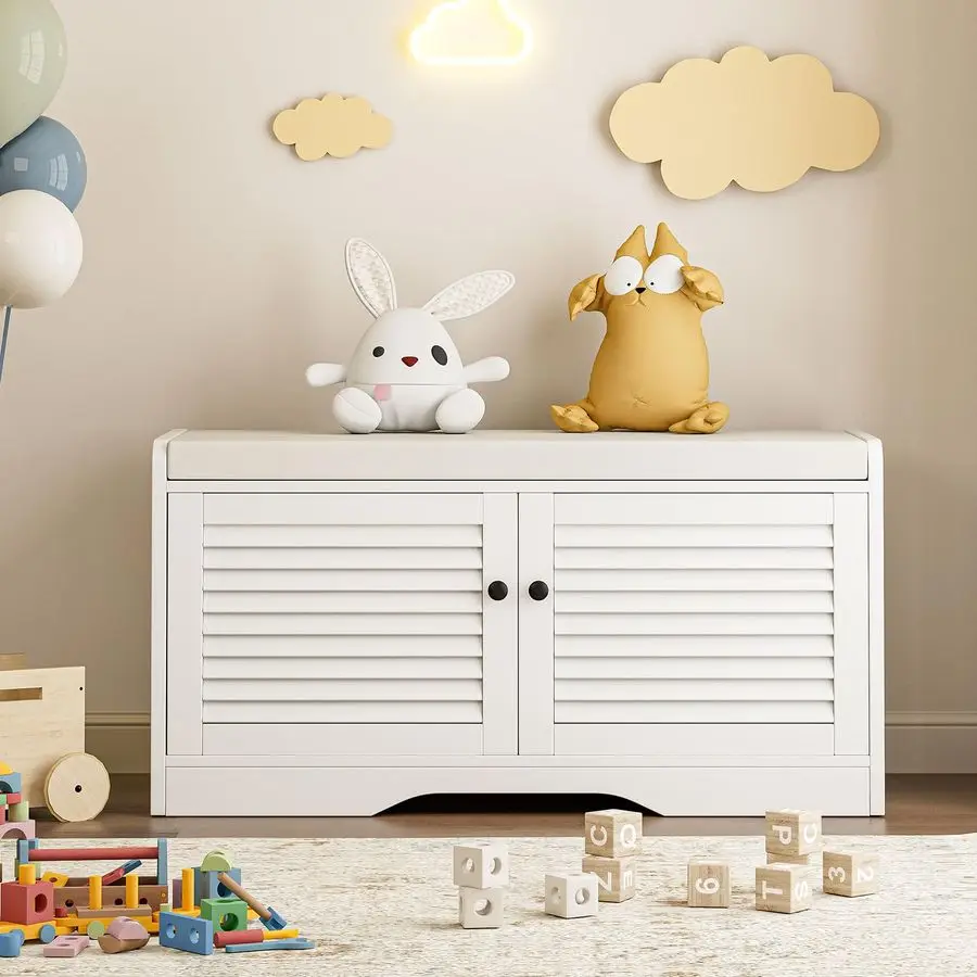 Storage Bench with Padded Seat Cushion, Classic Louvre Doors Shoe Bench for Entryway, Living Room, Bedroom, 13.7 Dx36.6 Wx18.3 H