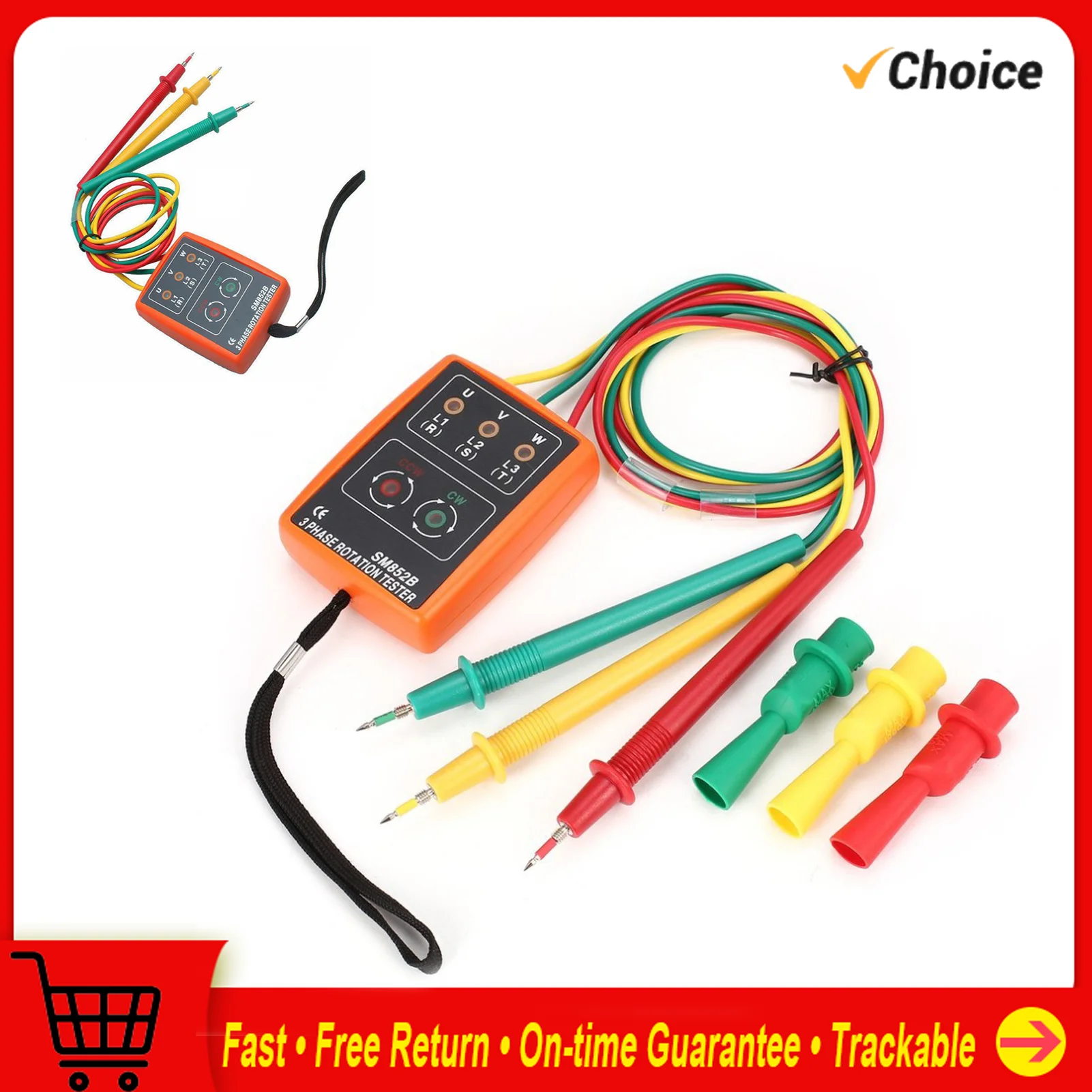 

SM852B 3-Phase Rotation Tester Digital Phase Indicator Detector LED Buzzer Phase Sequence Meter
