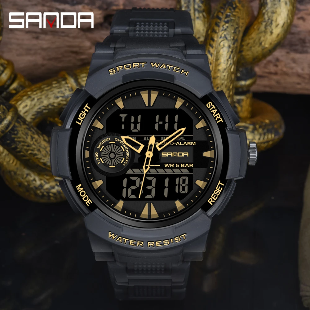 SANDA 6002 Luxury Dual Display orologi da uomo Fashion Digital Luminous 5BAR orologio da uomo sportivo al quarzo impermeabile Relogio Masculino