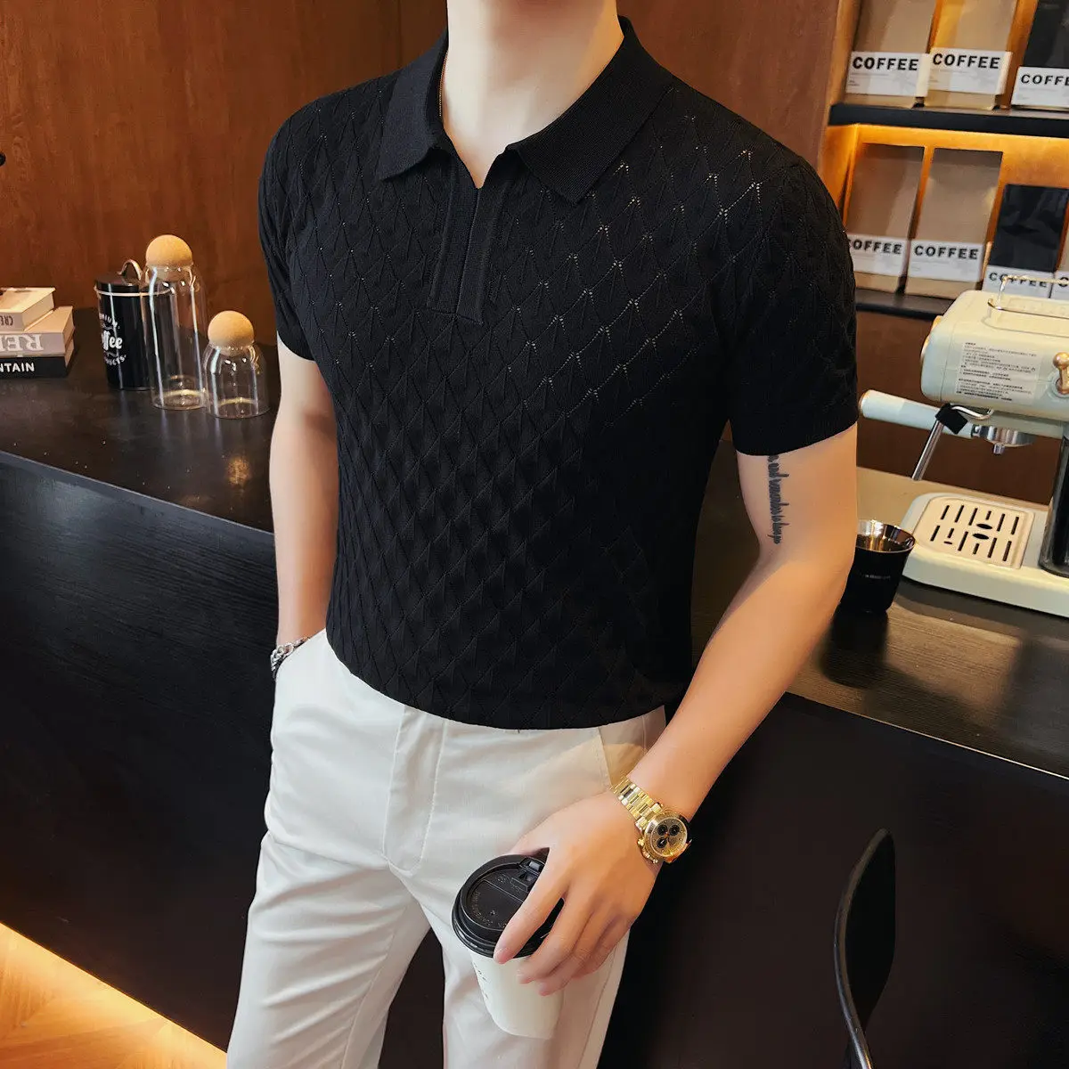 Hollow Out Knitwear Men's Polo Shirts Short Sleeve Argyle Solid Summer Quality Coolness Stretchy Viscose Fashion Polos De Hombre