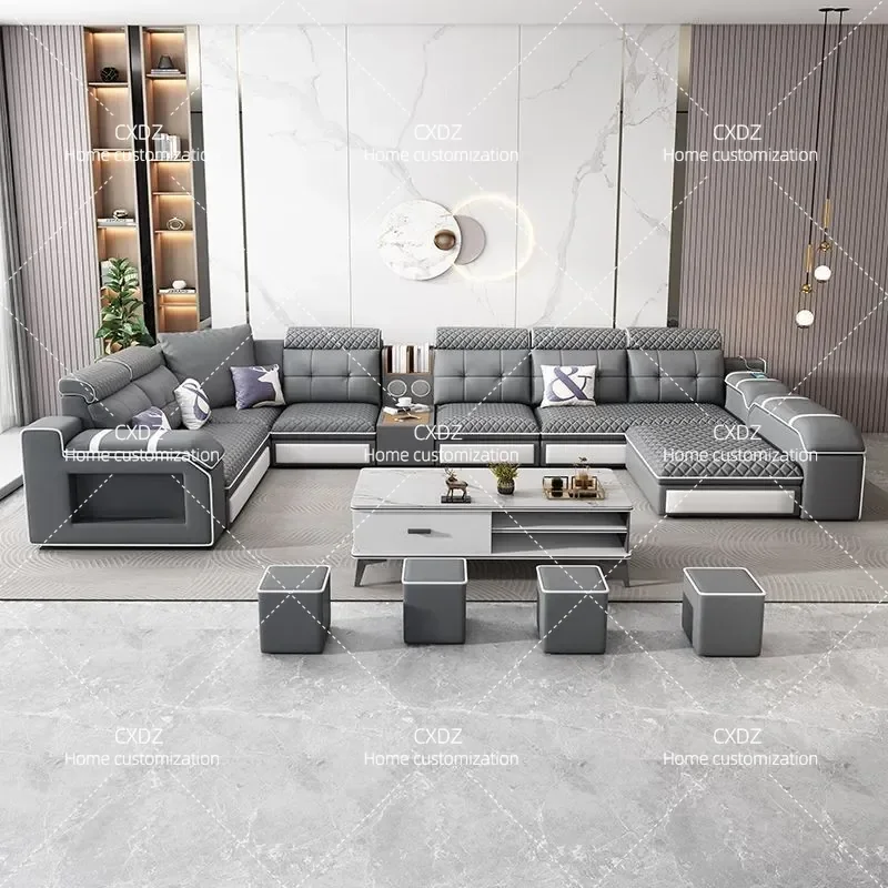 Modern Simple Cat Scratching Leather Sofa Large U Shaped Living Room Couch for Rural Self Built House Multi Functional