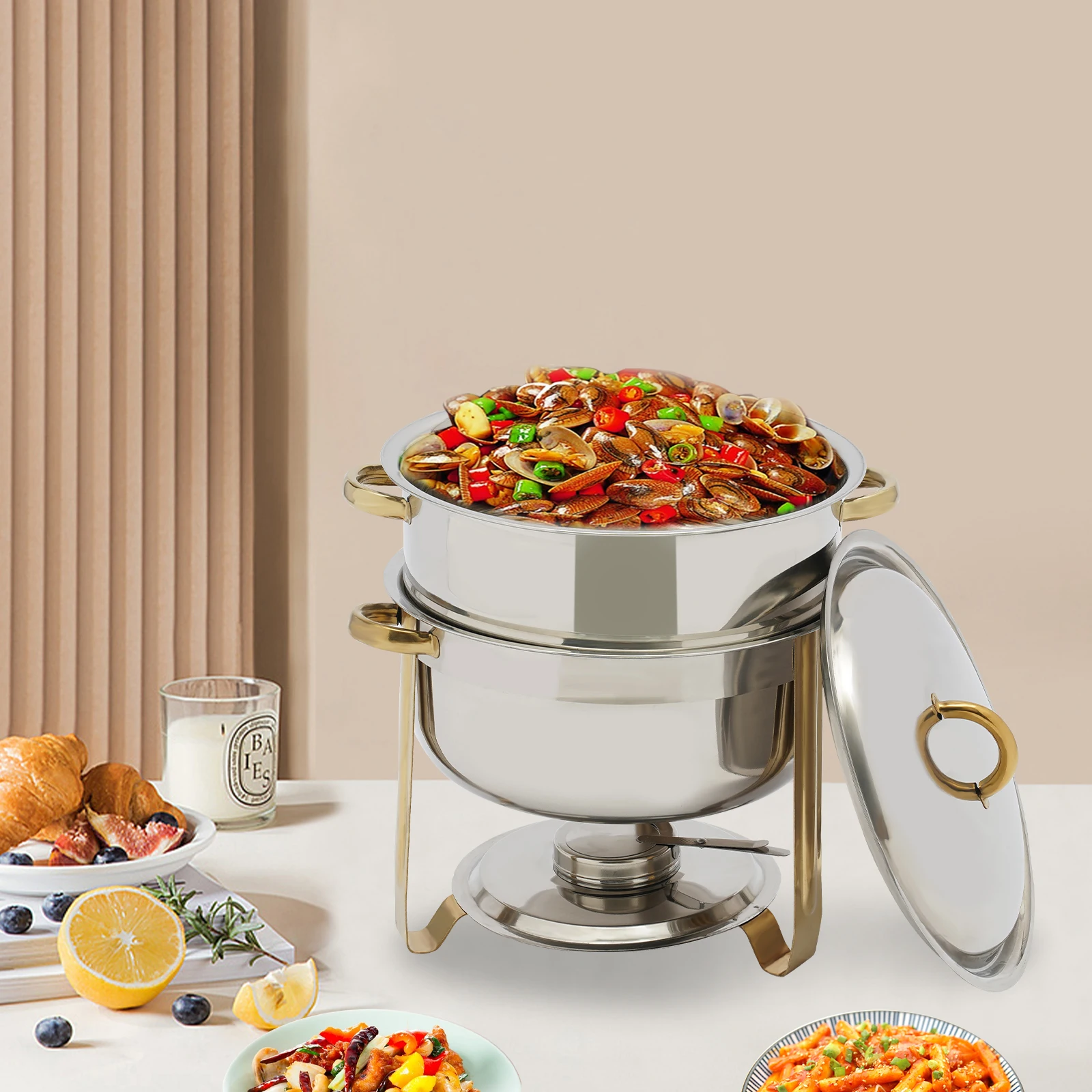 

Большая круглая золотая жаровня объемом 13,5 л, жаровня из нержавеющей стали на 14 карат для общественного питания, шведского стола - - сохраняет тепло еды, коммерческое и домашнее использование