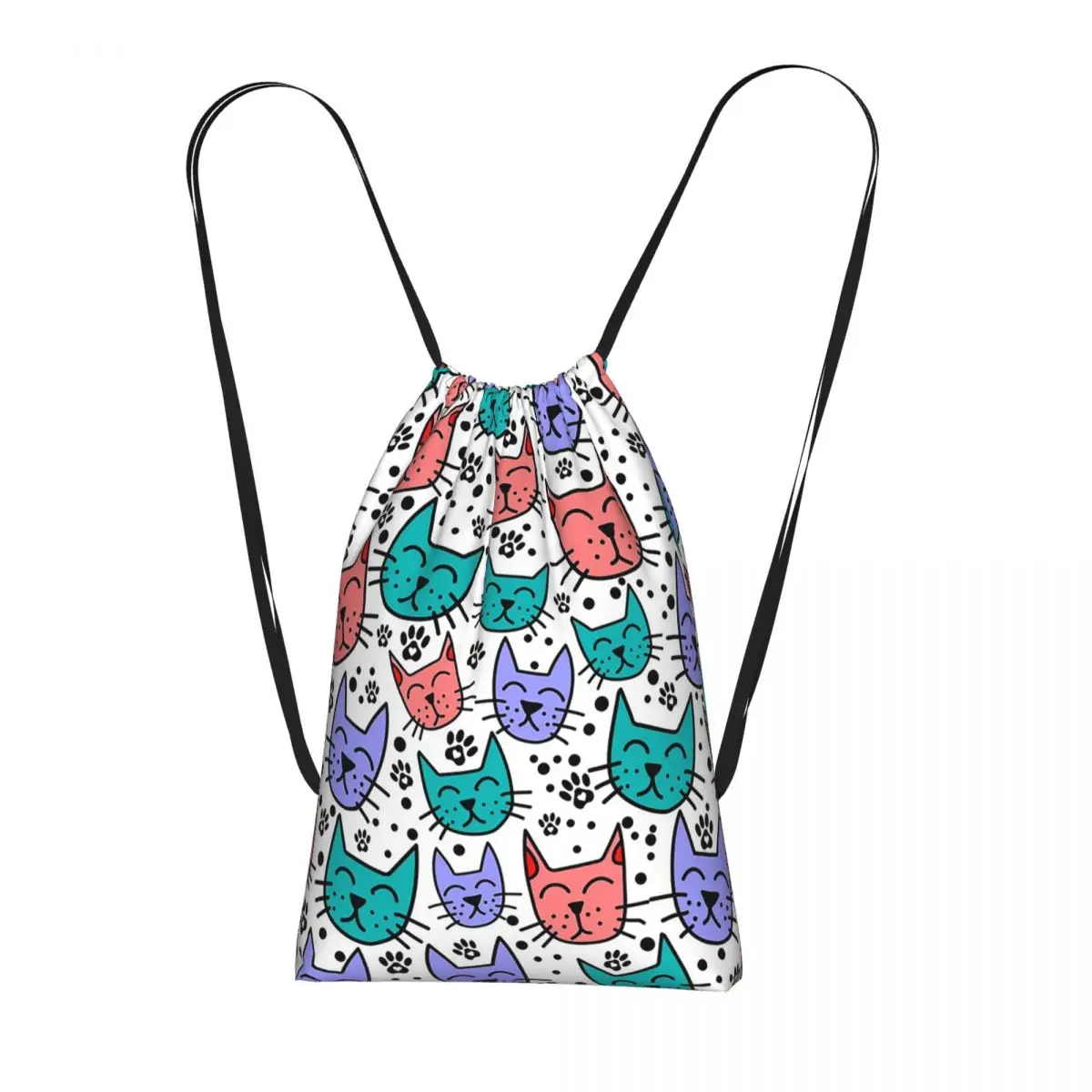 

Cartoon Cat Face And Paw Pattern Backpacks Fashion Drawstring Bundle Pocket Sports Bag Book Bags for Man Woman Students