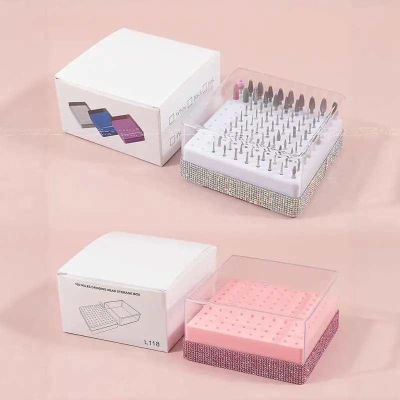 

100 Holes Nail Drill Bit Holder Rhinestone Bling Stand Display Organizer Dust Proof Storage Container Box Case Nail Salon