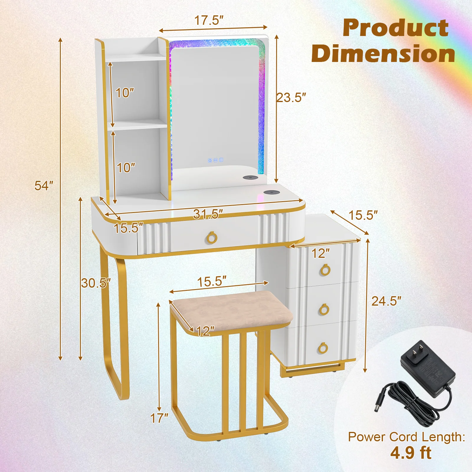 Vanity Table Set with RGB LED Lights Crystal Crush Diamond Mirror Drawers White