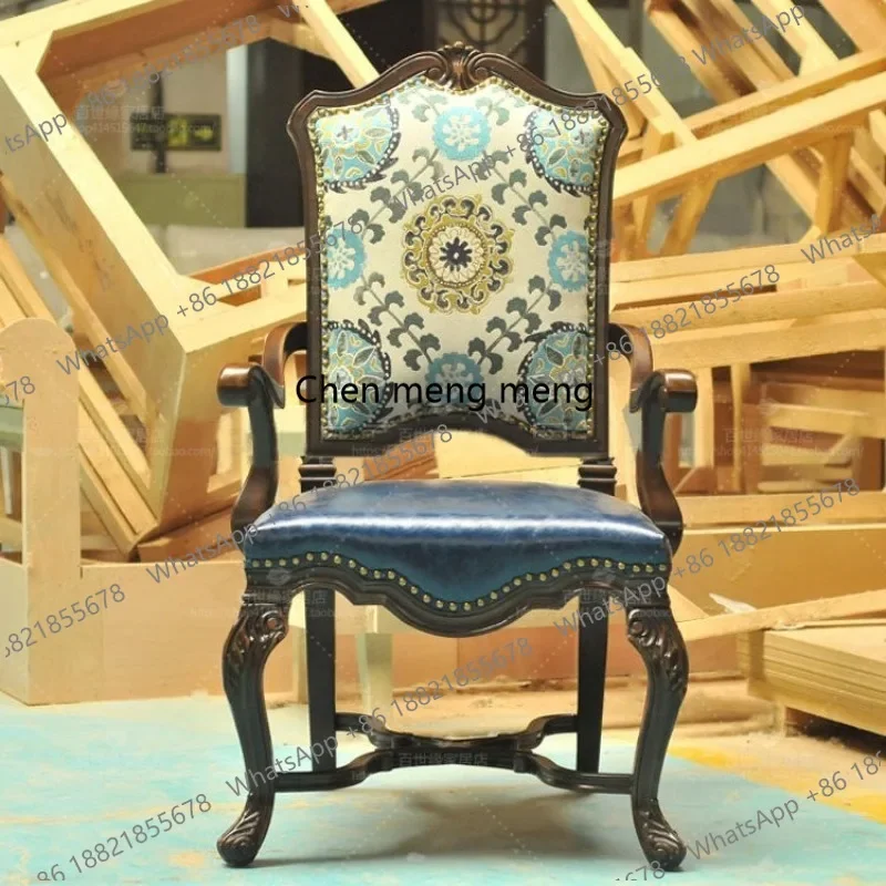 Y183 French solid wood carving flower book chair leisure chair American country retro dining chair with rivets