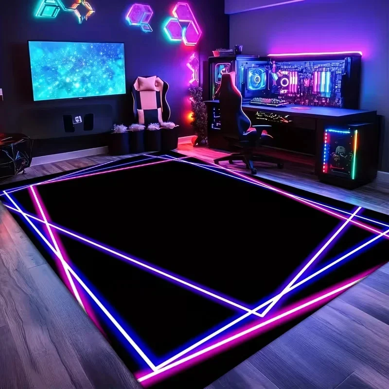 VIKAMA Neon Cyberpunk Carpet Soft Anti-Slip Gaming Room Floor Mat for Bedroom and Living Room Seat Cushion Home Decoration