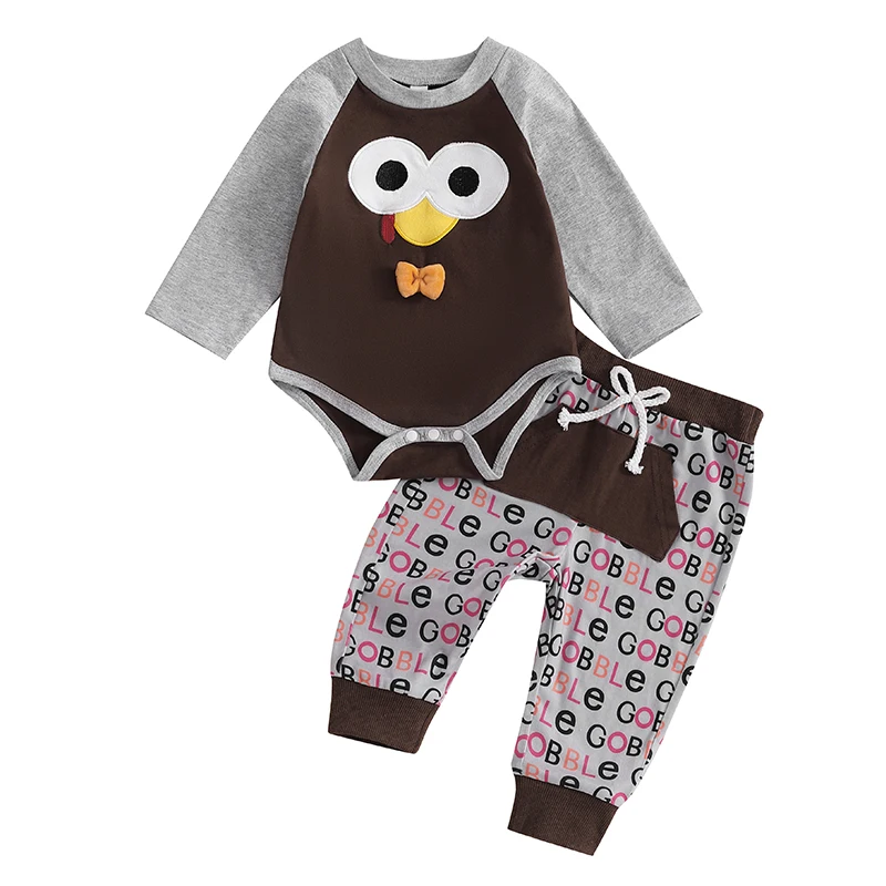 

Baby Boy Girl Thanksgiving Outfit Turkey Embroidery Long Sleeve Romper Letter Print Elastic Waist Pants 2 Piece Set