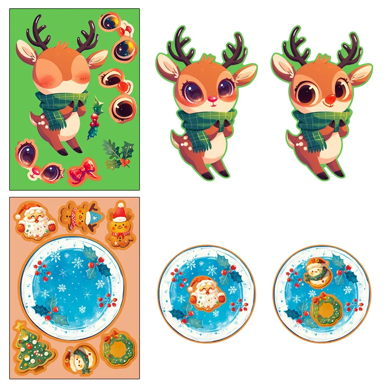 Fun Christmas Theme Stickers For Kids Children Puzzle DIY Crystal Ball Elf Christmas Tree Stickers Make A Face Assembled Jigsaw