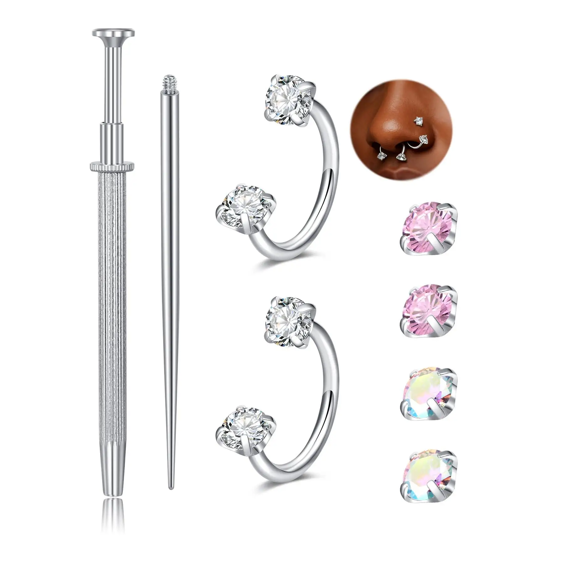 Anillo de nariz de herradura de acero inoxidable quirúrgico 8pcs 16G para las mujeres hipoalergénico doble Stud Gem Nostril Piercing Joyería para hombres