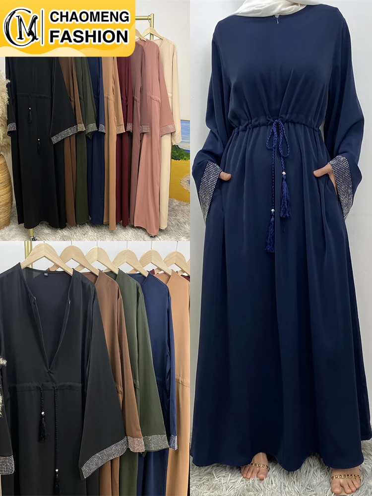 Modest Muslim Bright Diamond Sleeve Dress Ladies Dresses Luxury Stylish Arab Dubai Moroccan Kaftan Corban Eid Al Adha Turkey