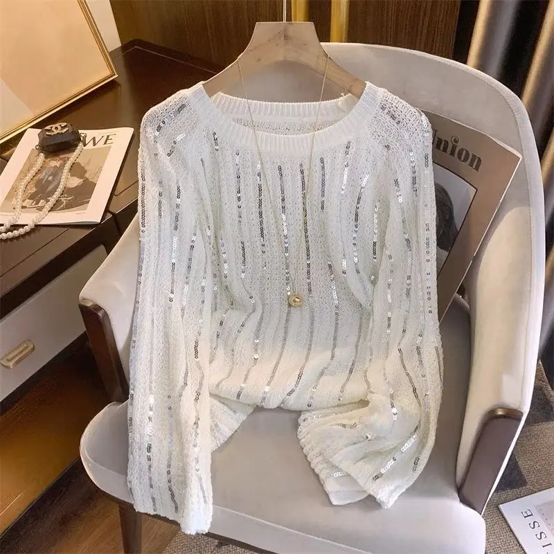 Loose And Versatile Fashionable Sequined Knitted Sweater For Women In Spring And Autumn, Thin Cut Hollow Round Neck Pullover Top