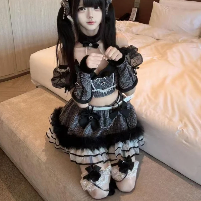 Japanese Dark Gothic Lolita Style 2 Piece Set Women Cute Bow Lace Crop Top Hot Girl Harajuku Y2k Bow Mini Cake Skrit Slim Outfit