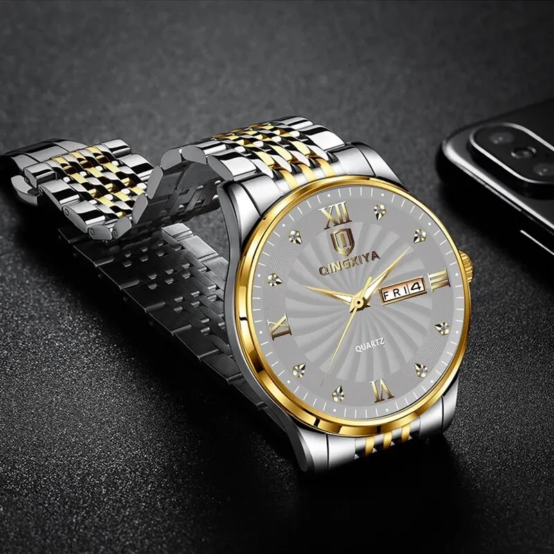 QINGXIYA Stainless Steel Quartz Watch for Men Waterproof Luminous Mens Watches Top Brand Luxury Week Date Fashion Wristwatch