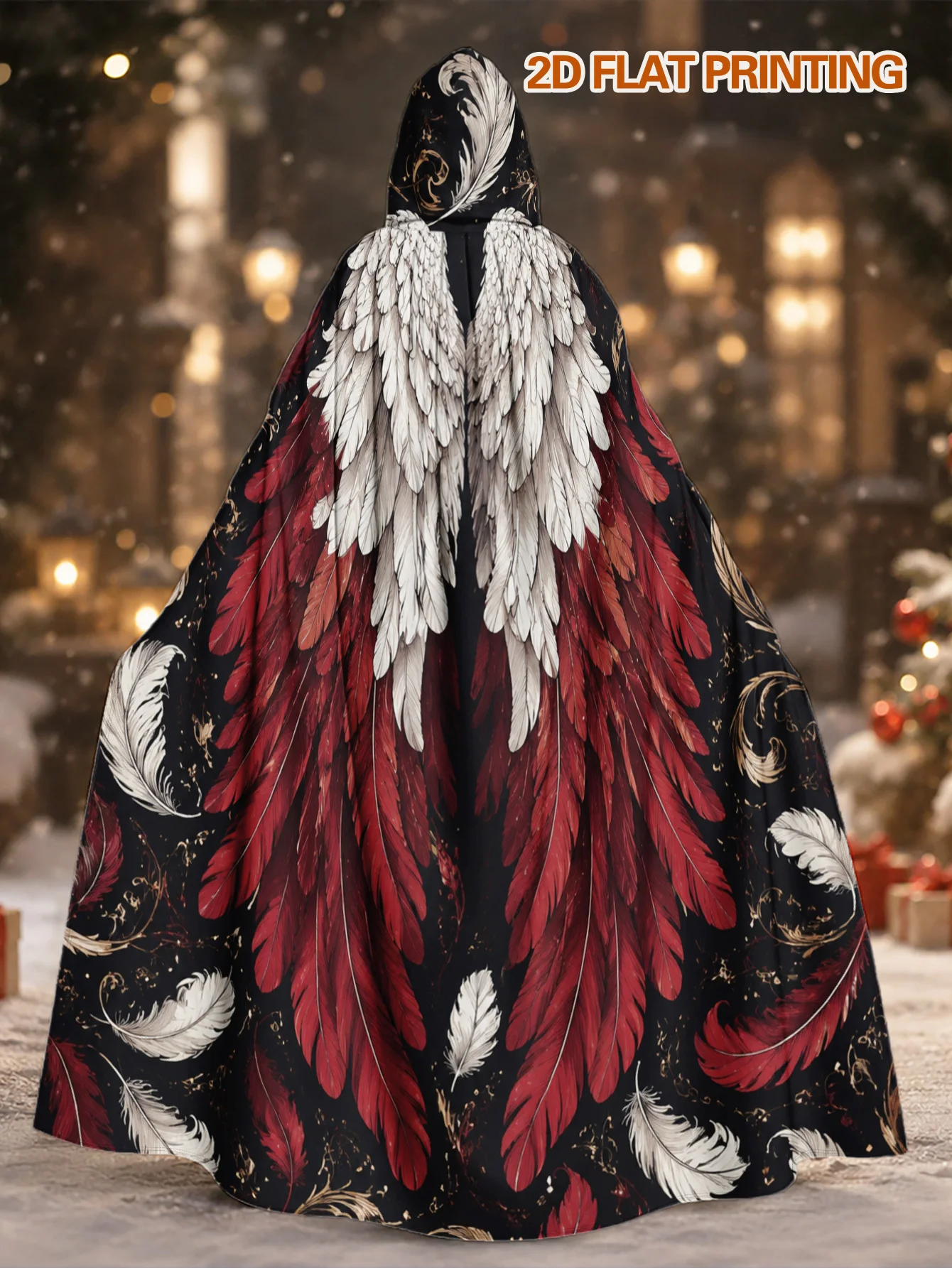 1pc, Halloween Costume Cloak with Ornate Black Angel Wings Feathers Print, Adult Witch Robe for Men And Women