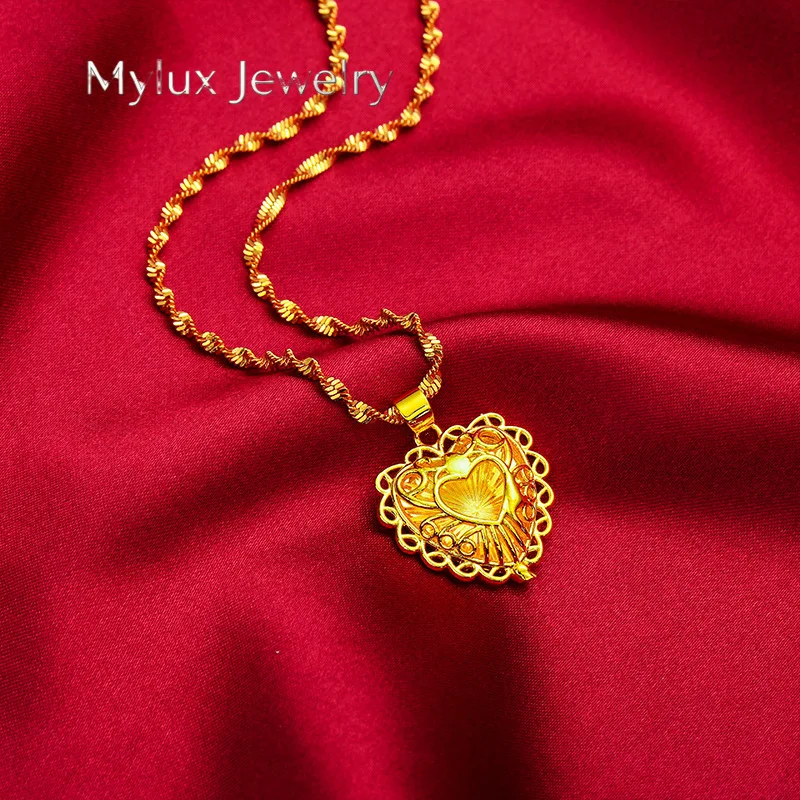 Mylux Jewelry Heart Hollow Necklace for Women, 24K Gold, AU999 | Layered hollow hearts with tassels and diamonds, stunning for p