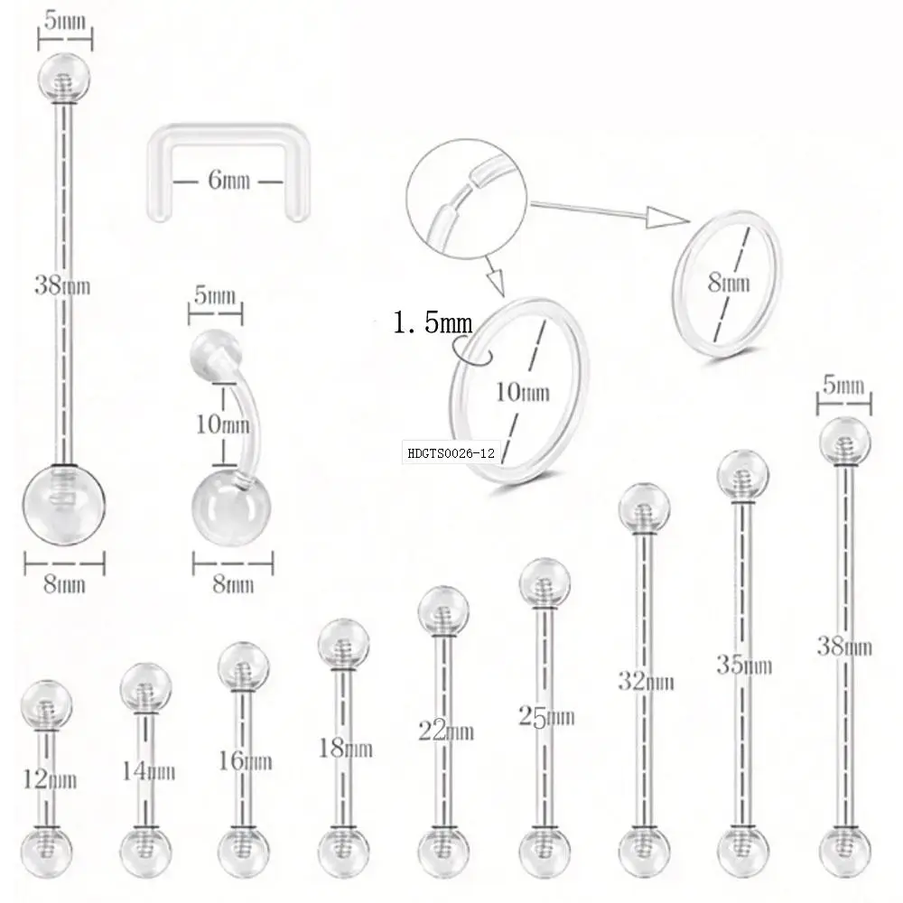 28pcs Set Clear Piercing Retainers For Surgery Acrylic Straight Industrial Bar Piercing Flexible Belly Button Rings Work Sport
