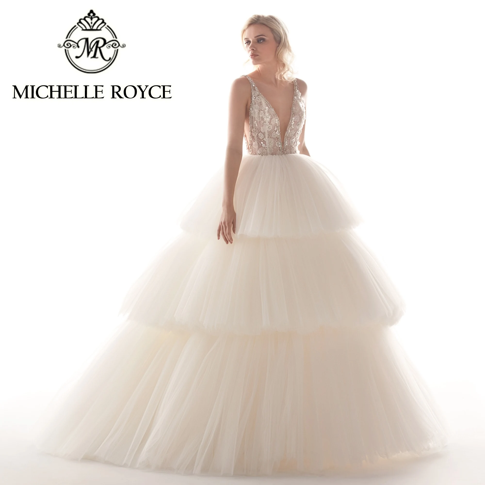 

Michelle Royce Ball Gown Wedding Dresses For Women 2024 V-neck Spaghetti Straps Appliques Beading Wedding Gown Vestidos De Novia