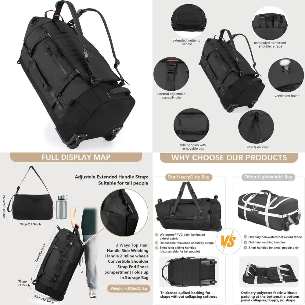 

86L 30 Wheeled Duffle Bag, Carry-On Luggage with Wheels, Collapsible Travel Bag, Backpack with Shoe Compartment