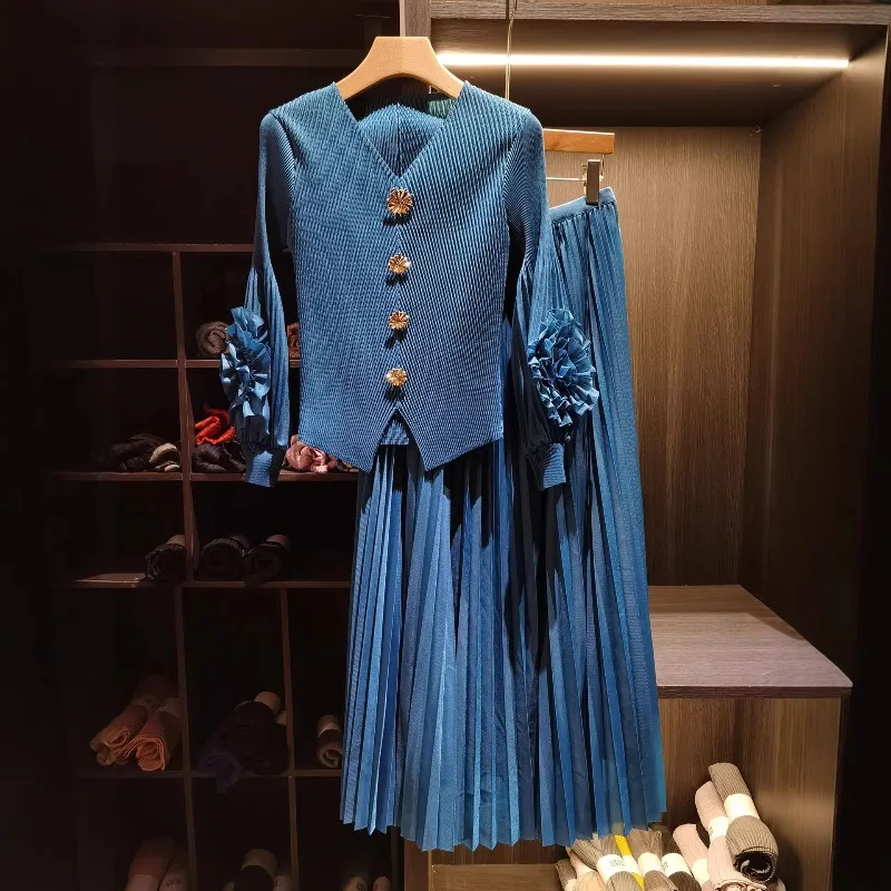 Miyake Pleated Long Suit 2026 High-End Fashion Niche Design Floral Sleeve Pleats Suit Elegant Loose Plus Size Slim 2-Piece Set