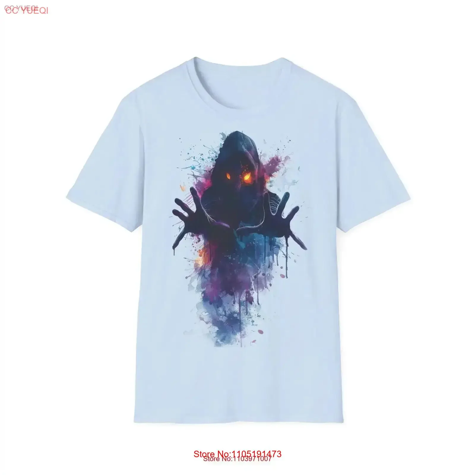 Glowing Eyes Hooded Phantom T Shirt Dark Figure Outstretched Hands Eerie Mysterious Design Feel Free vintage Washed