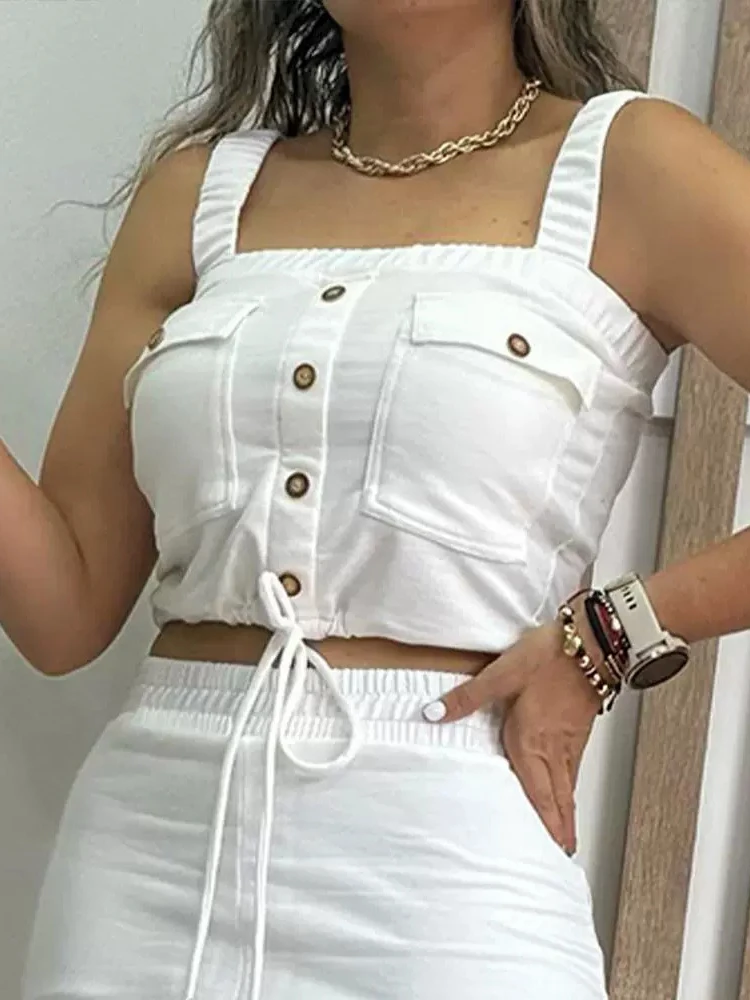 Drawstring Pocket Cami Top & Slit Skirt Set Women Two Piece Set Dress Sets Sleeveless Short Tops Long Skirts Elastic Waist 2024