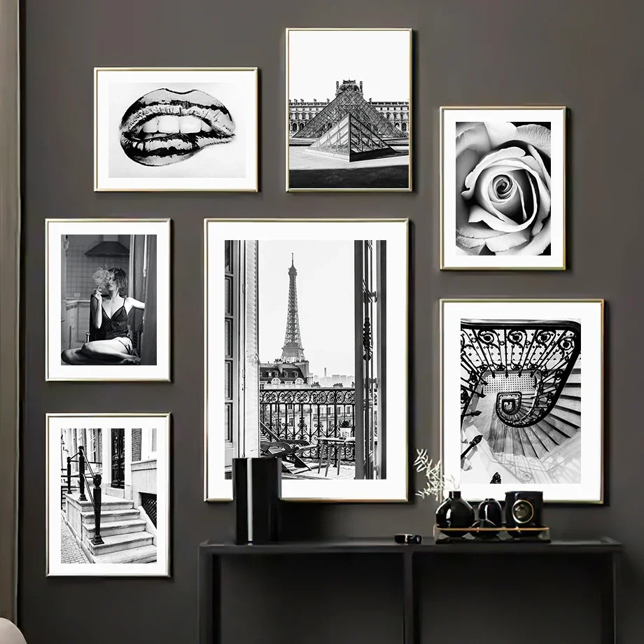 Wall Art Canvas Painting Paris Louvre Fashion Shiny Lips Flower Black White Nordic Posters And Prints Home Decor Wall Pictures