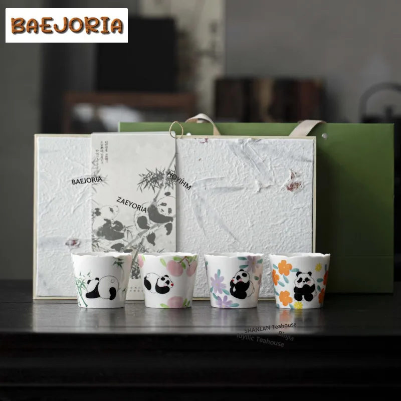 BAEJORIA Hand Drawn Chinese Panda Teacup Handmade Tea Bowl Water Jug Tea-tasting Meditation Cup Chazhan Master Cups Teaset Gifts