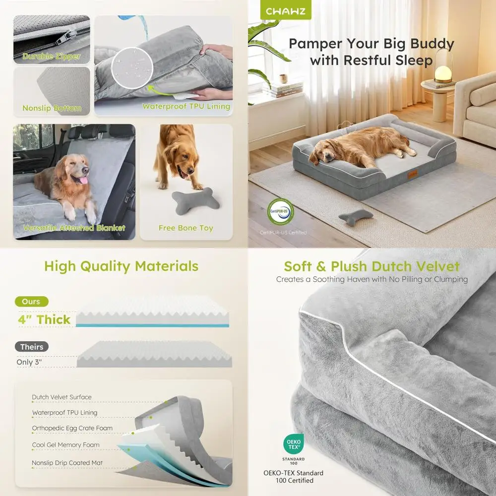 

Orthopedic Cooling Gel Dog Bed for XL Dogs, Waterproof Removable Cover, 45 Dutch Velvet Sofa with Blanket & Bone Toy