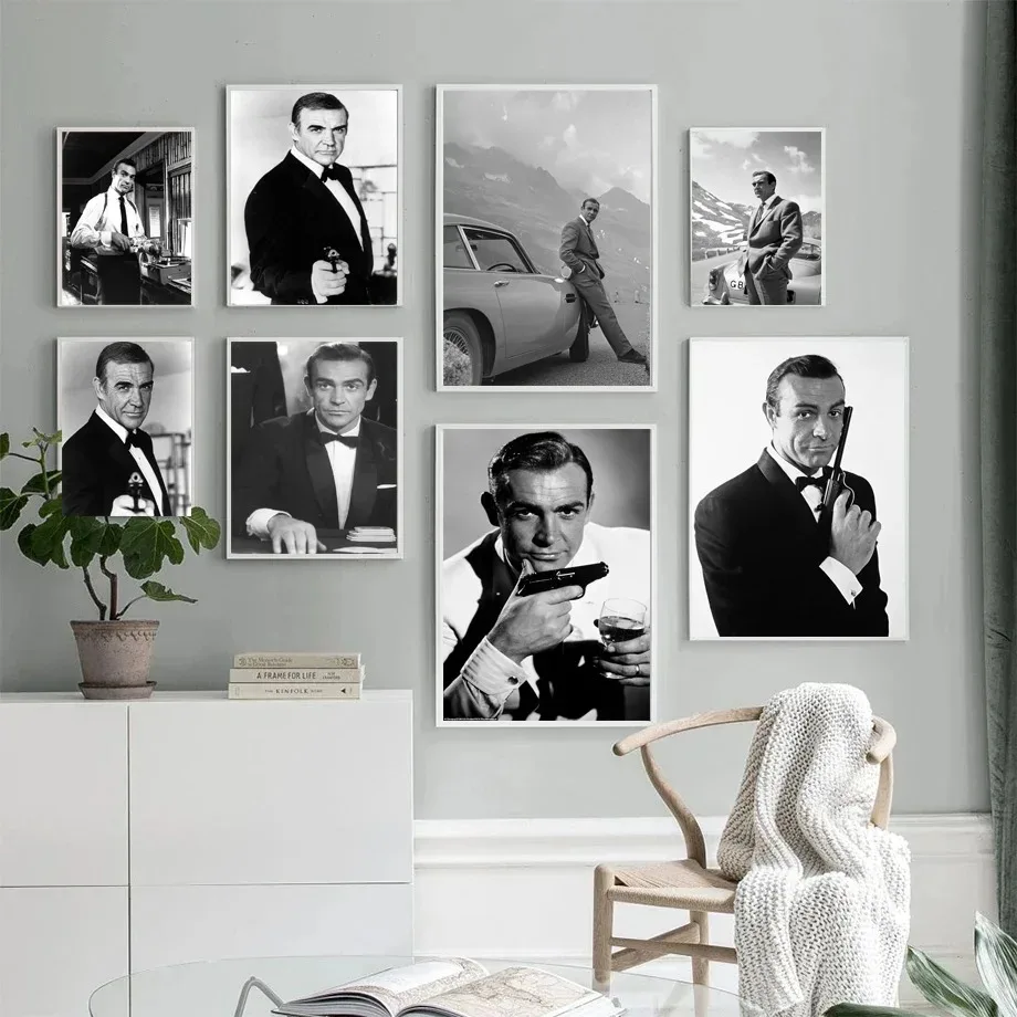 Poster Prints Hot Sean Connery With Gun Classic Movie Star Actor 007 Canvas Painting Wall Art Picture For Living Room Home Decor