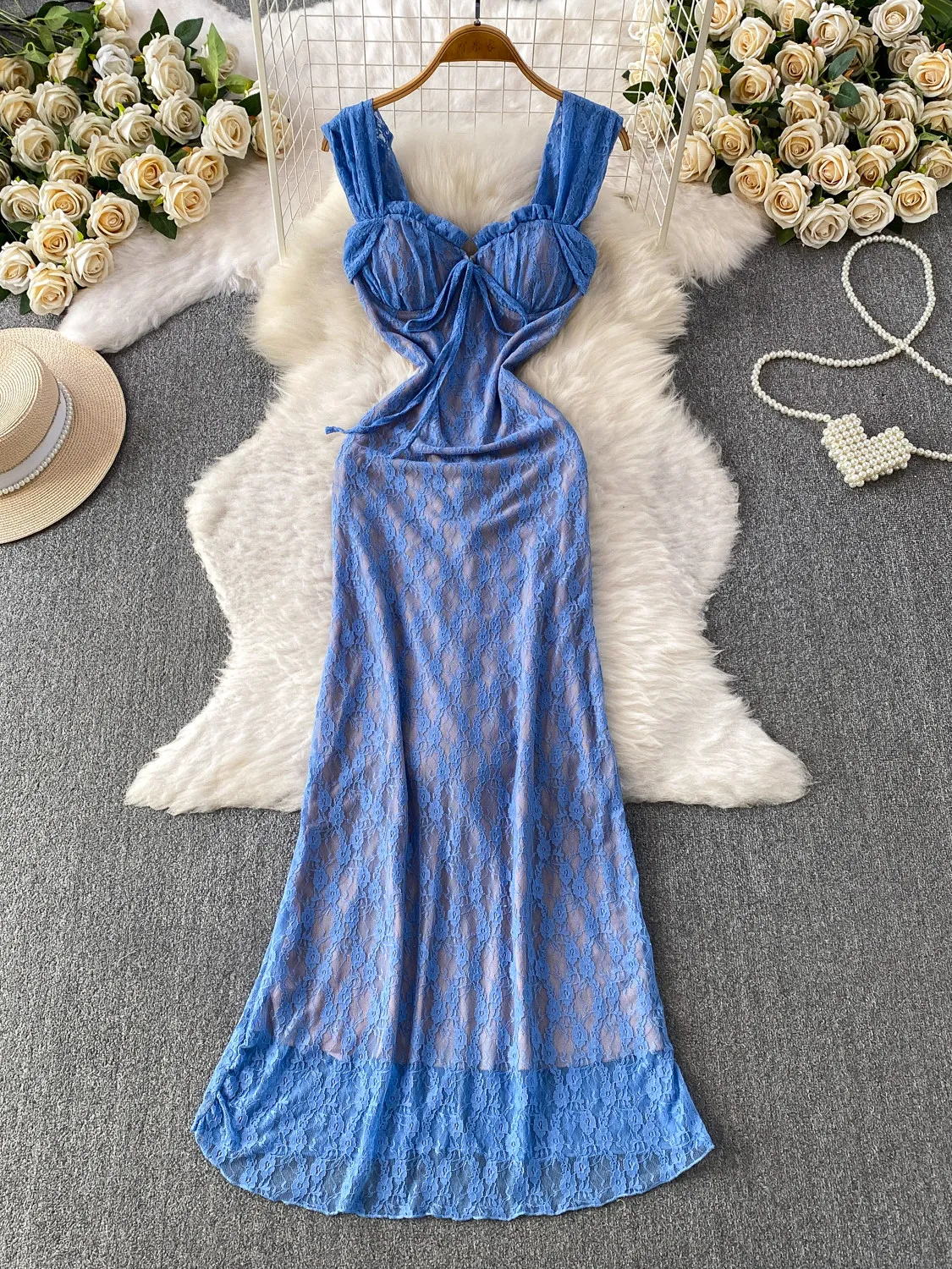 Women's Blue Evening Dress Lace Square Neck Sleeveless Strapless Cami Dress French Elegant Birthday Party Dress for Women Summer