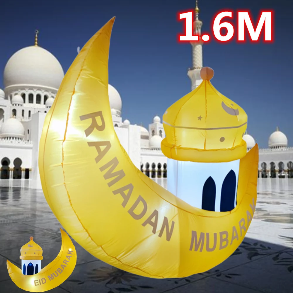 1.6 متر رمضان ديكور عيد الفطر القمر السفينة المدمج في مصباح ليد لعبة قابلة للنفخ في الهواء الطلق مبارك الصلاة الديكور لوازم الحفلات