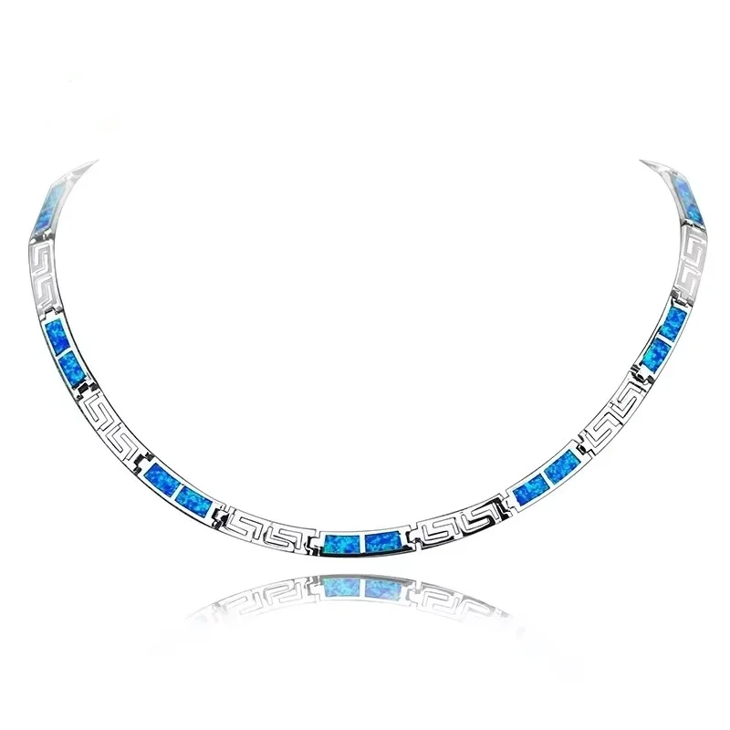 Greek Key Blue Opal Necklace for Women,Silver Color Chain Bohemian Fashion Jewelry - Elegant Pendant Gift Trendy Opal Accessory