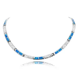 Greek Key Blue Opal Necklace for Women,Silver Color Chain Bohemian Fashion Jewelry - Elegant Pendant Gift Trendy Opal Accessory