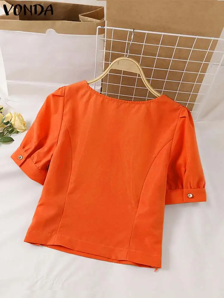 VONDA Women Short Sleeve Shirts 2024 Summer Sexy Square Collar Blouse Solid Color Blusas Elegant Tops Casual Blusas Femininas